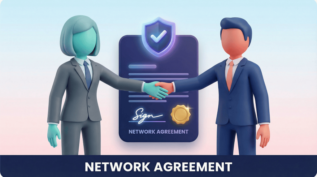 3D vector illustration of two figures shaking hands over a stylized network agreement document.