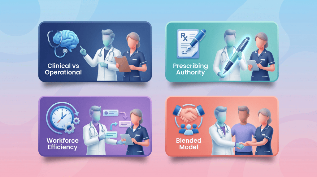 3D vector infographic showing four gradient cards representing the key differences between clinical pharmacist and pharmacy technician roles in a PCN
