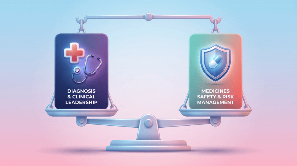 Visual comparison of doctor diagnosis and clinical pharmacist medicines management roles in primary care.