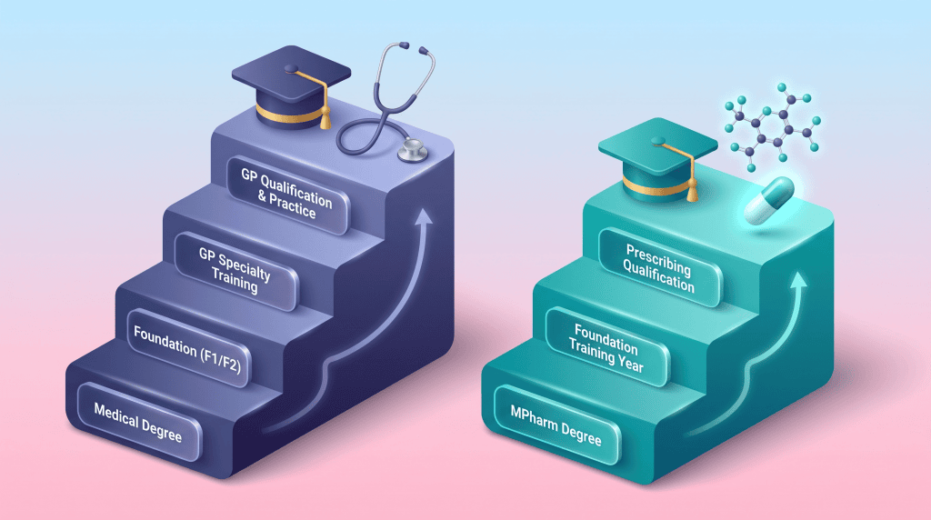 Comparison of medical degree and pharmacy training pathways leading to different clinical roles.