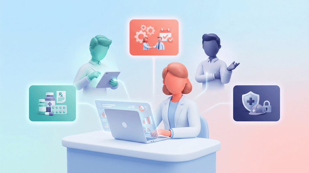 3D vector illustration of a PCN manager receiving pharmacy technician support from a professional team for their GP practice