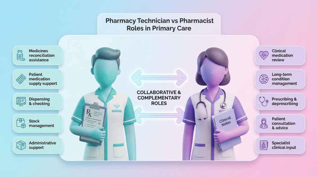 3D vector illustration comparing a pharmacy technician and a clinical pharmacist in primary care, showing their complementary roles