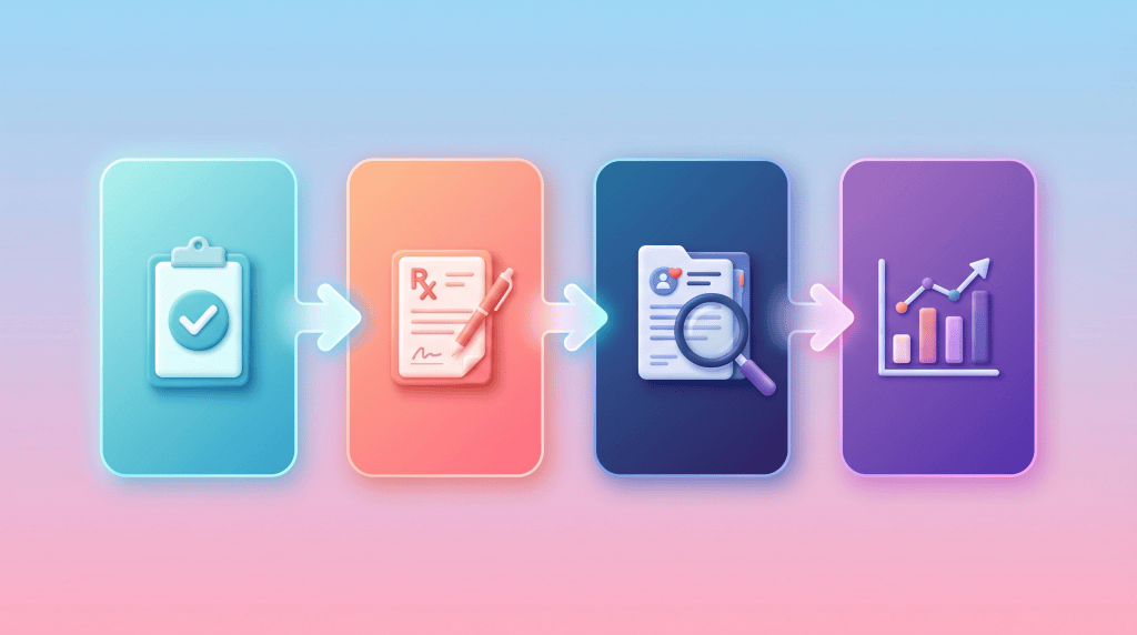 3D vector workflow diagram showing the four core responsibilities of a primary care technician: medicines reconciliation, repeat prescriptions, safety audits, and data quality