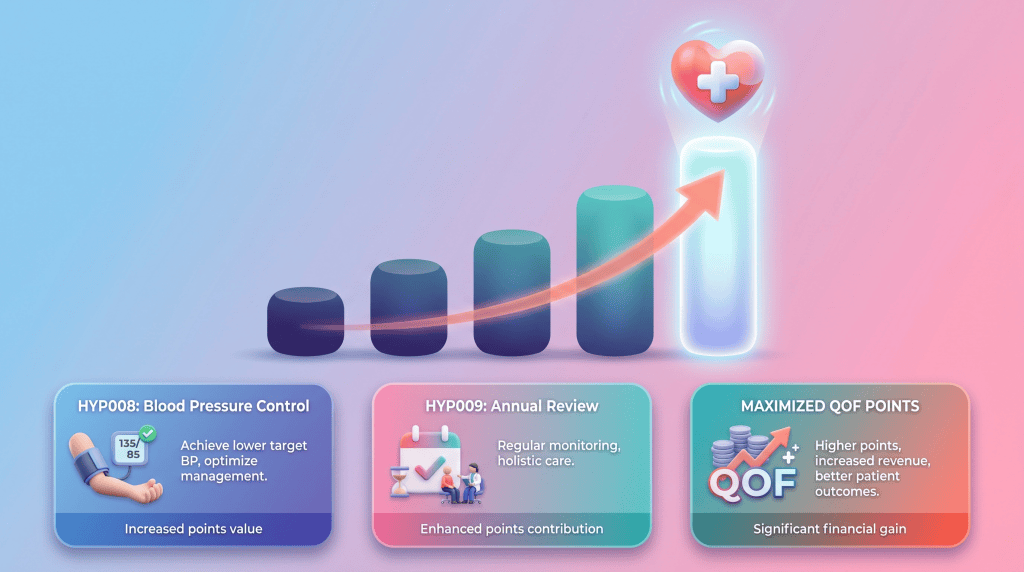 3D vector illustration of an upward-trending chart with a medical heart icon, symbolising increased QOF points.