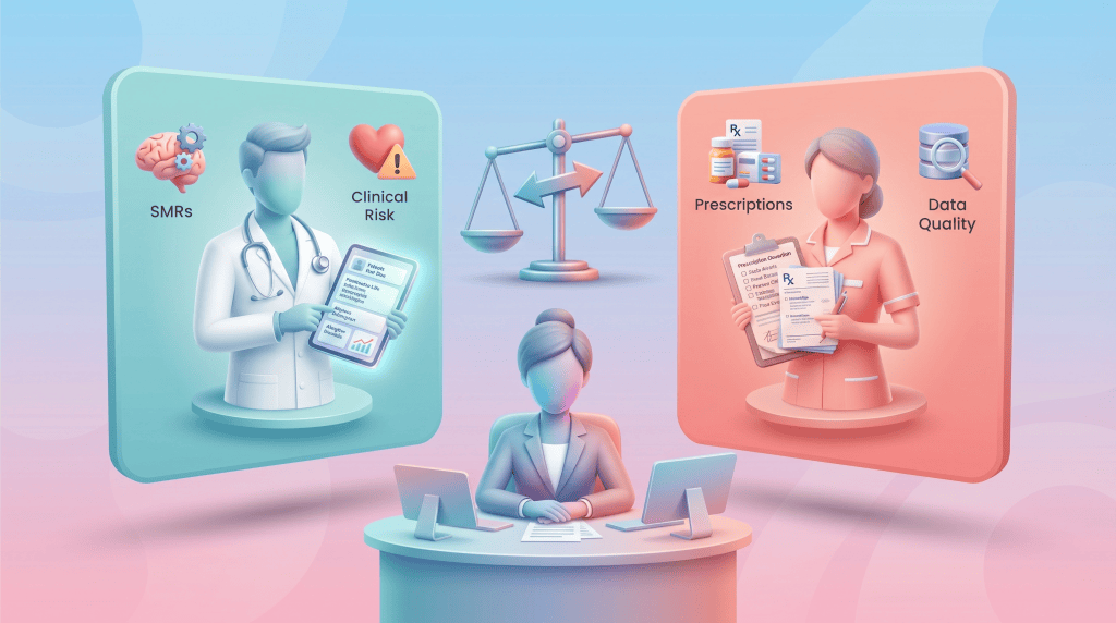 3D vector infographic showing a PCN manager considering two role options - a clinical pharmacist and a pharmacy technician - represented as floating decision cards