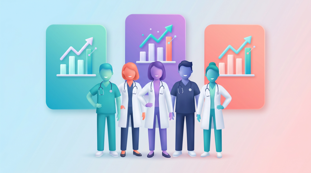 A stable, cohesive primary care team of five figures standing confidently together, with no gaps. Upward-trending bar charts in the background signify improved retention metrics and a positive workforce.