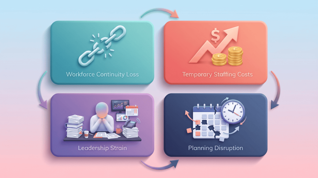 Four distinct gradient cards, each with a unique icon: a broken chain for workforce continuity loss, a rising cost graph for temporary staffing, an overwhelmed figure for leadership strain, and a fragmented calendar for planning disruption.