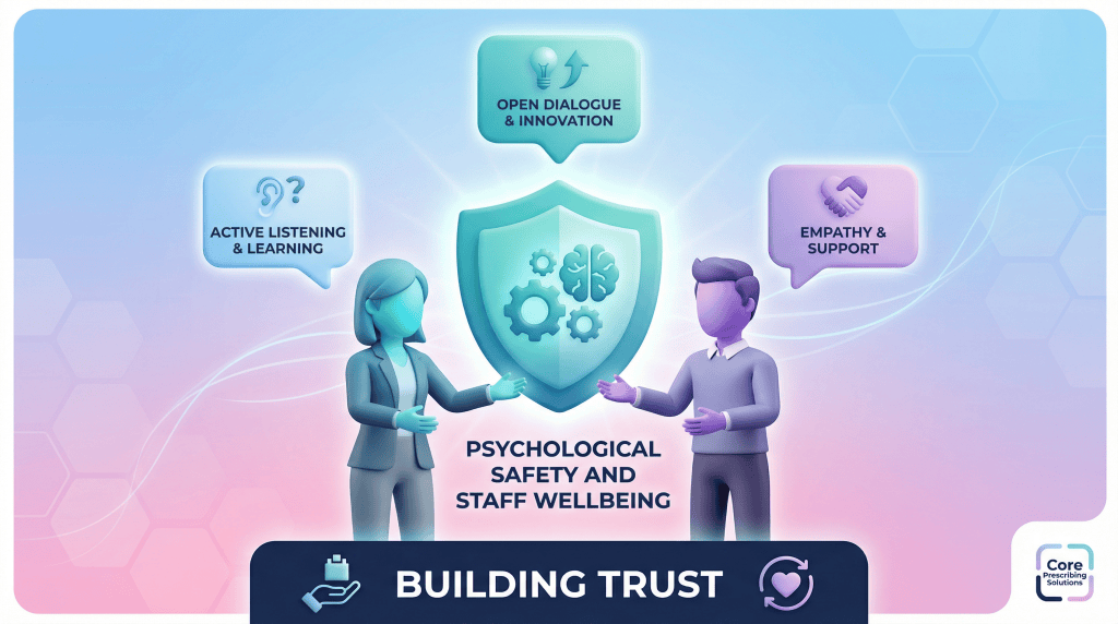 3D vector illustration representing psychological safety, open communication, and staff wellbeing in primary care