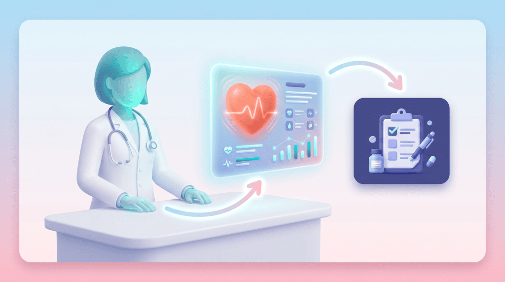 3D vector illustration of a faceless clinical pharmacist reviewing a digital patient card with a heart icon.