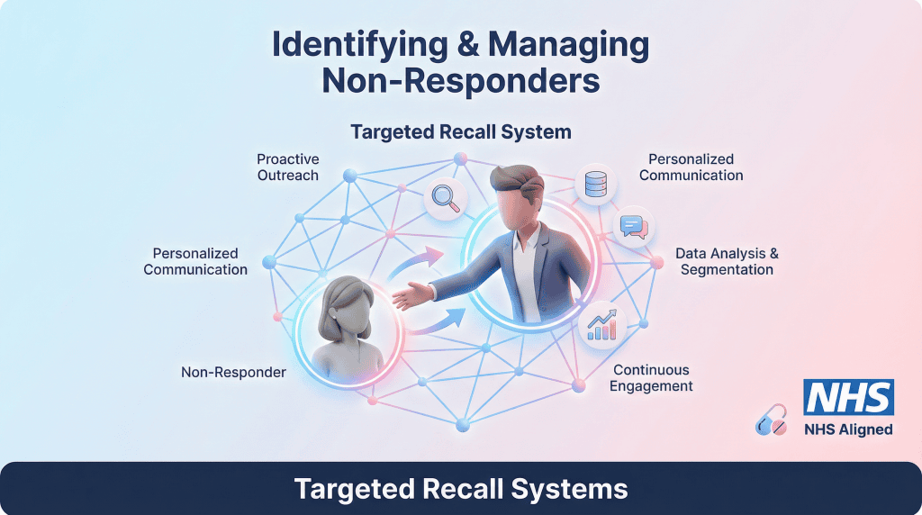 3D vector illustration of a targeted recall system with a figure reaching out to a non-responder, symbolising proactive engagement.