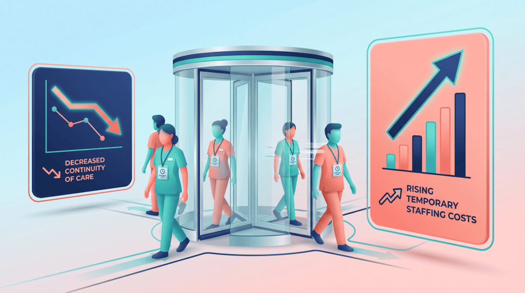 A revolving door with temporary staff figures cycling through, symbolising constant churn. A prominent rising cost chart alongside represents the increased agency spend and variable consistency.