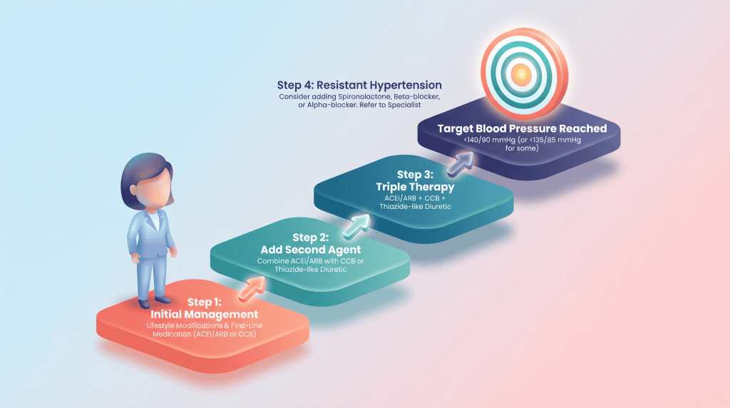 3D vector illustration of ascending stepping stones leading to a target, representing a stepwise clinical pathway.