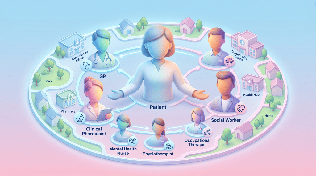 3D vector illustration of a patient surrounded by healthcare professionals (GP, clinical pharmacist, social worker) in a neighbourhood outline, showing coordinated community support.