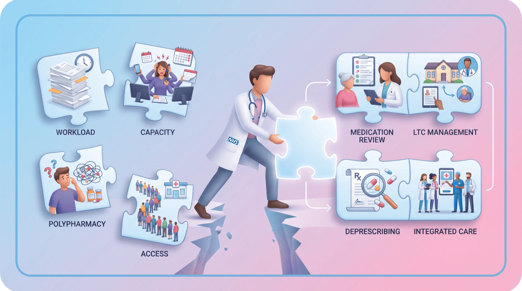 3D vector illustration of a clinical pharmacist bridging a gap, with icons for workload and LTC management, symbolizing solutions to primary care challenges.