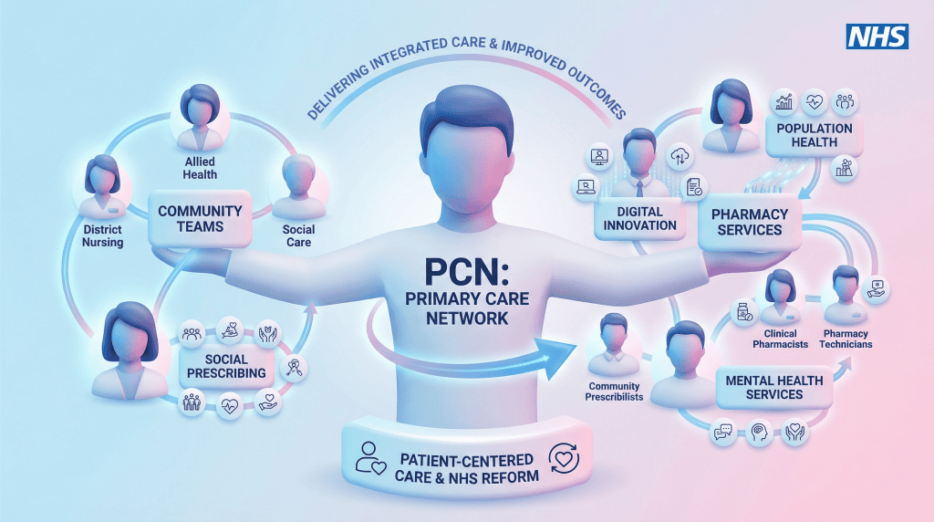 3D vector illustration of a PCN figure acting as a pillar supporting interconnected community teams, symbolizing PCNs as the backbone of integrated care.