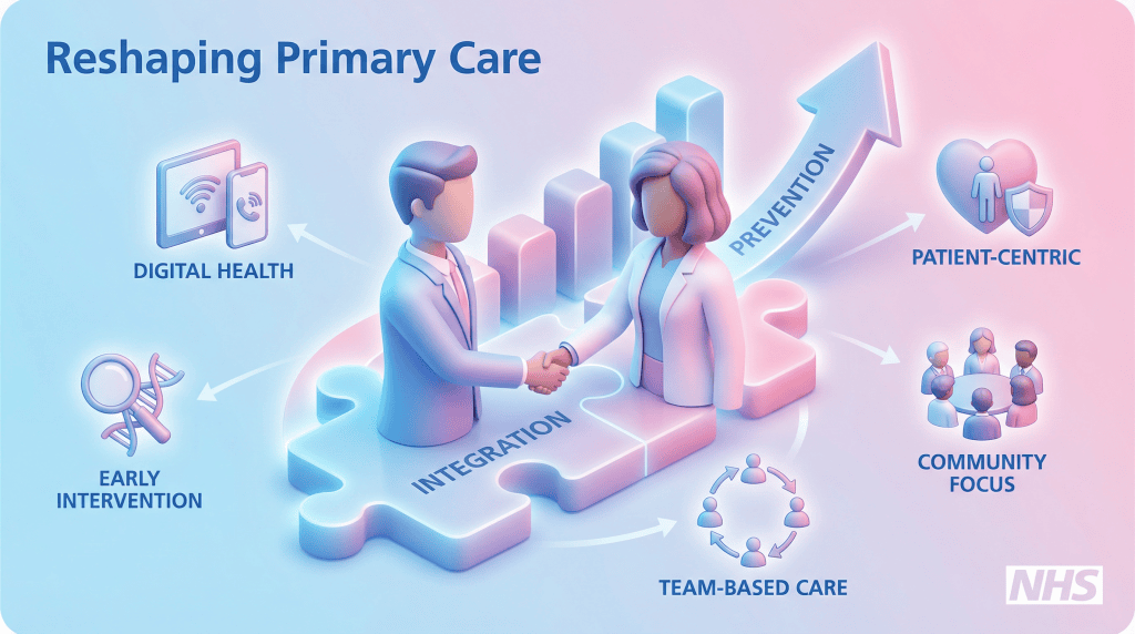 3D vector illustration of healthcare figures shaking hands over a puzzle piece, with a growth chart, symbolizing collaboration and prevention in primary care.