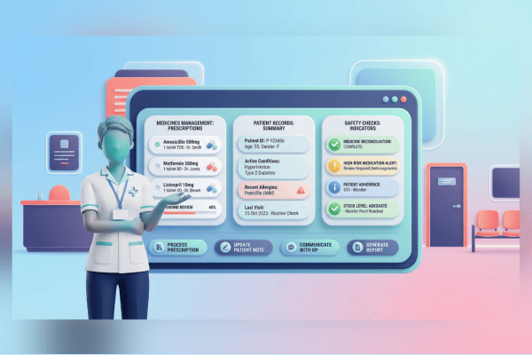 3D vector illustration of a primary care technician reviewing a medicines management dashboard in an NHS primary care setting