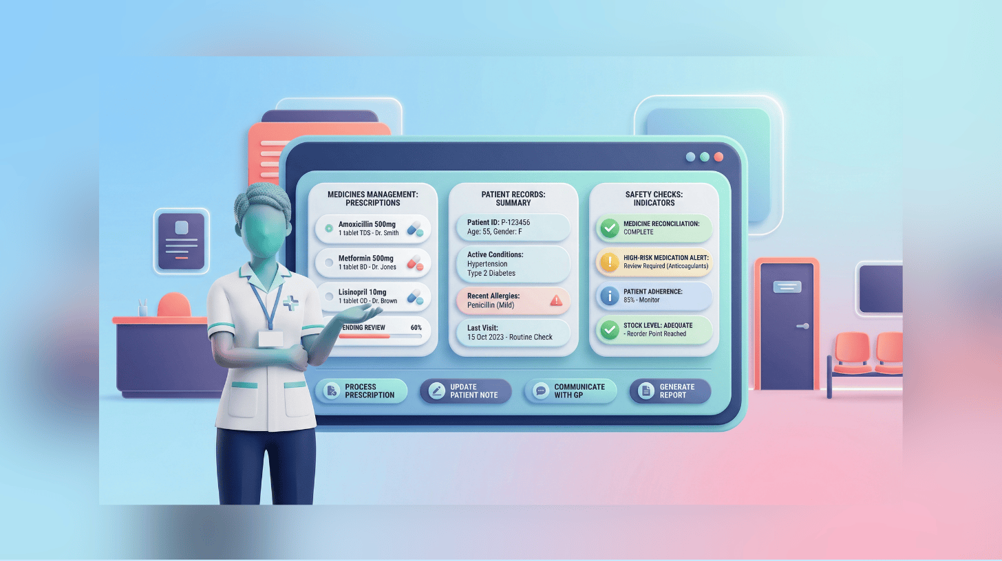 3D vector illustration of a primary care technician reviewing a medicines management dashboard in an NHS primary care setting