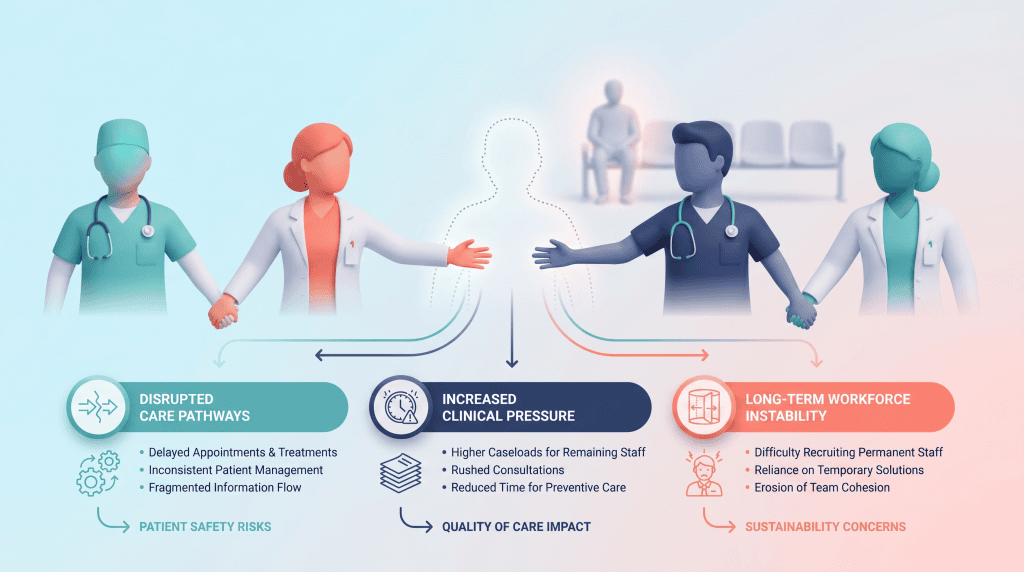A broken chain of clinical figures, with a missing link and adjacent figures reaching towards the gap. A subtle patient silhouette in the background underscores the impact on continuity of care.