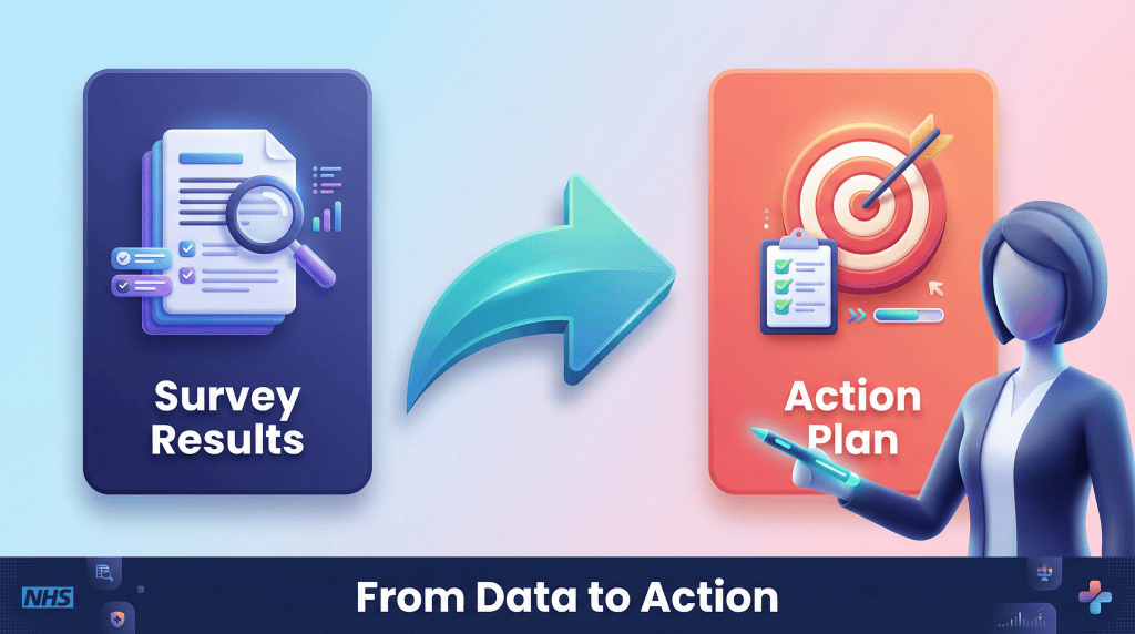 3D vector infographic showing the workflow from receiving staff survey results to implementing a targeted action plan in GP practices