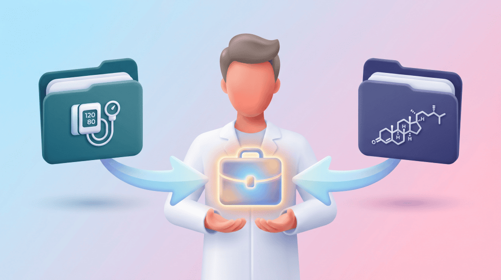 3D vector illustration of a clinician combining multiple health documents into a single briefcase.