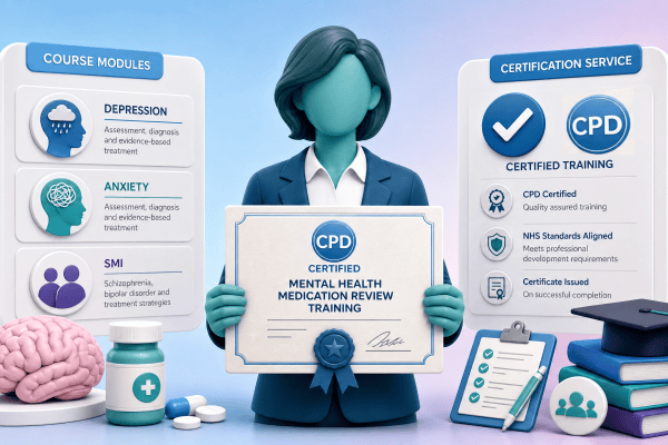 Healthcare professional holding a certificate for medication review training.