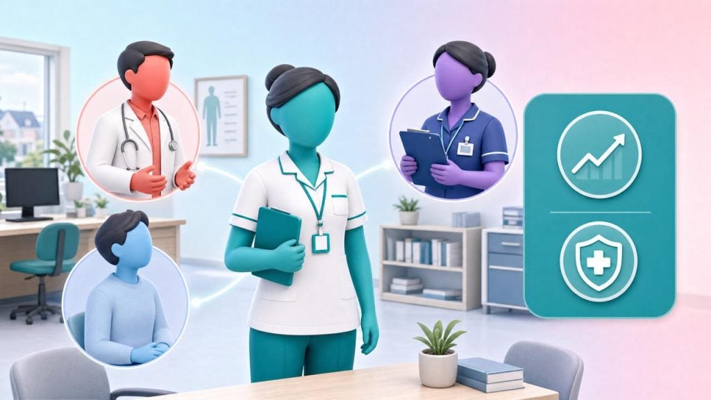 Infographic showing a clinical pharmacist at the centre of a GP practice team, connected to a GP, nurse, and patient in a primary care setting