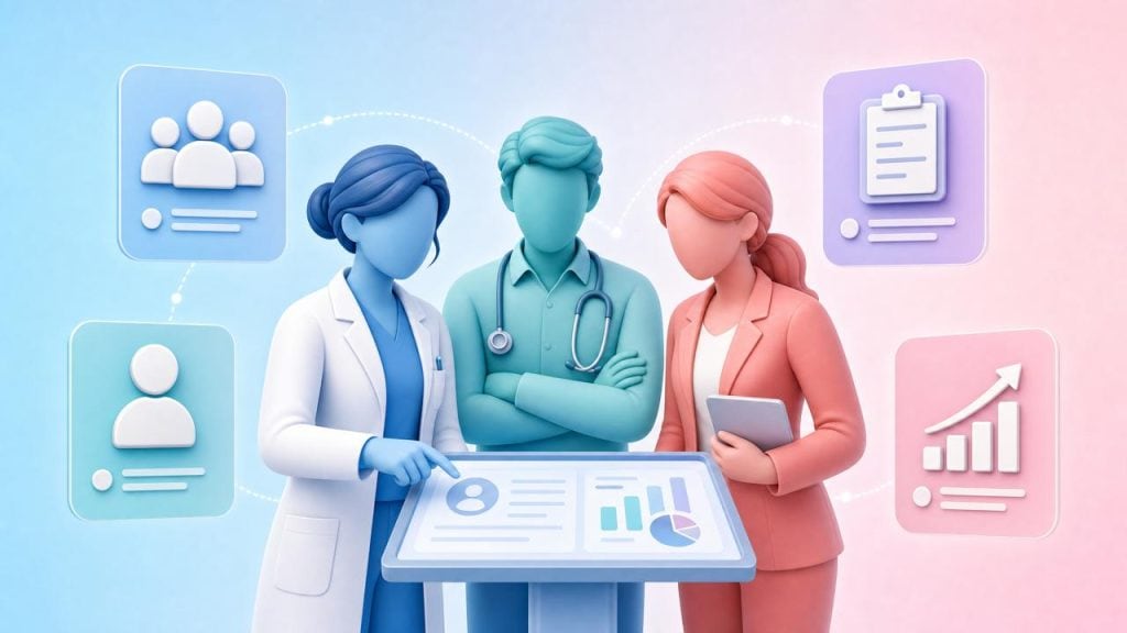 Three clinical figures representing a pharmacist, GP, and practice manager collaborating, with cards showing workforce benefits including increased capacity and SMR delivery