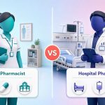 Illustrated comparison of a clinical pharmacist in a GP setting and a hospital pharmacist on a ward, side by side with a 'vs' divider
