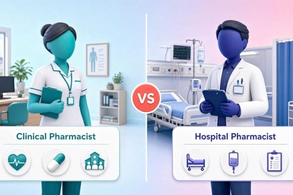 Illustrated comparison of a clinical pharmacist in a GP setting and a hospital pharmacist on a ward, side by side with a 'vs' divider