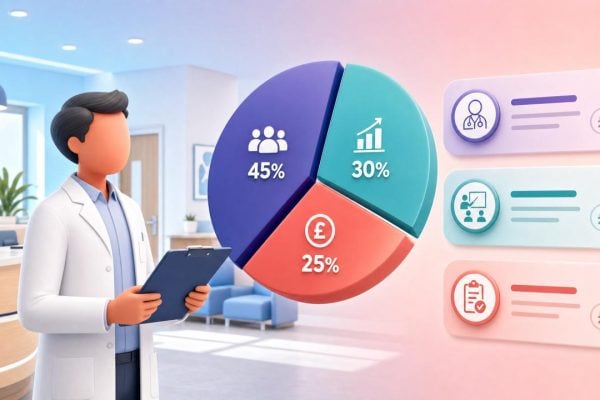 Faceless 3D figure in a primary care reception area reviewing a large abstract pie chart representing budget allocation.