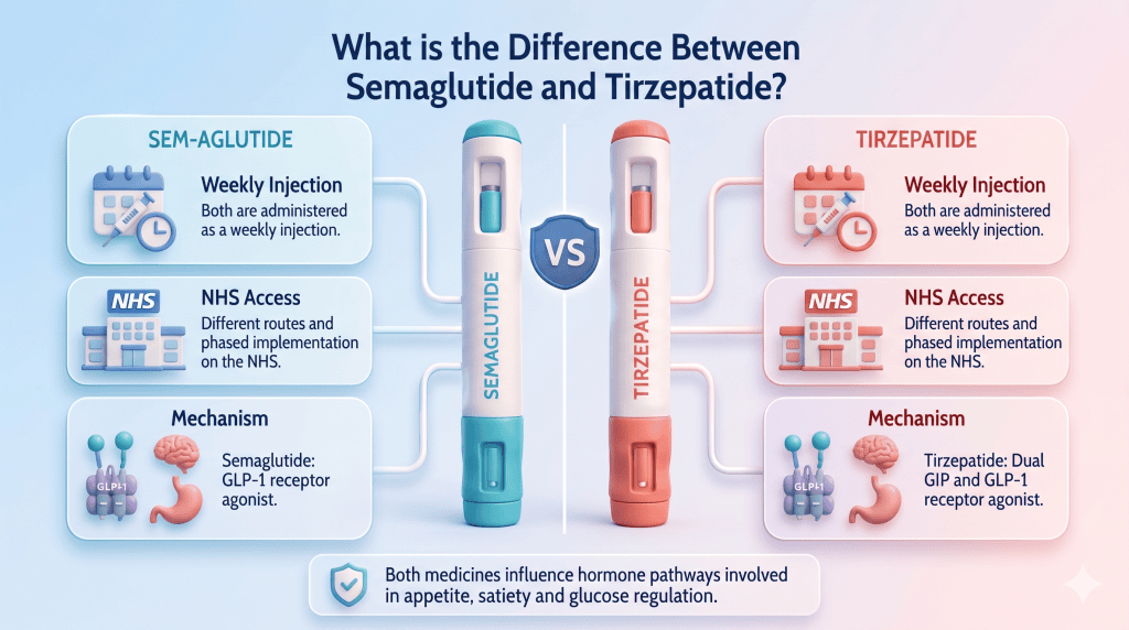 Different mechanisms of Semaglutide and Tirzepatide for weekly injections and NHS access.