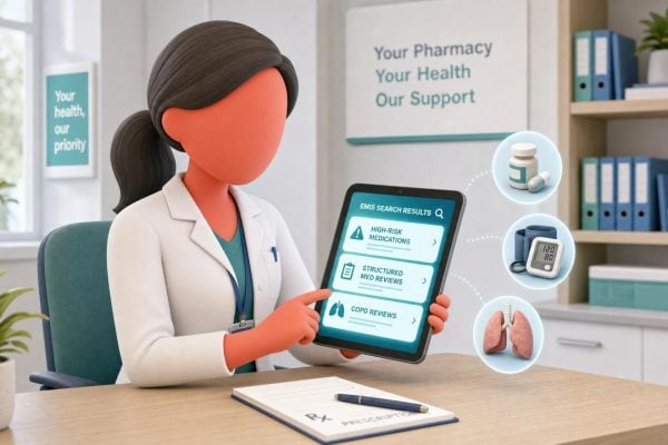 Professional 3D illustration of a PCN manager analysing data for population health management.