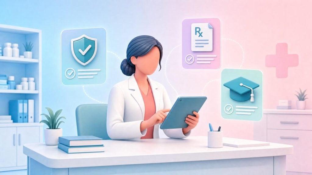Clinical pharmacist figure reviewing a registration checklist with floating cards showing the Common Registration Assessment, independent prescribing, and prior learning recognition