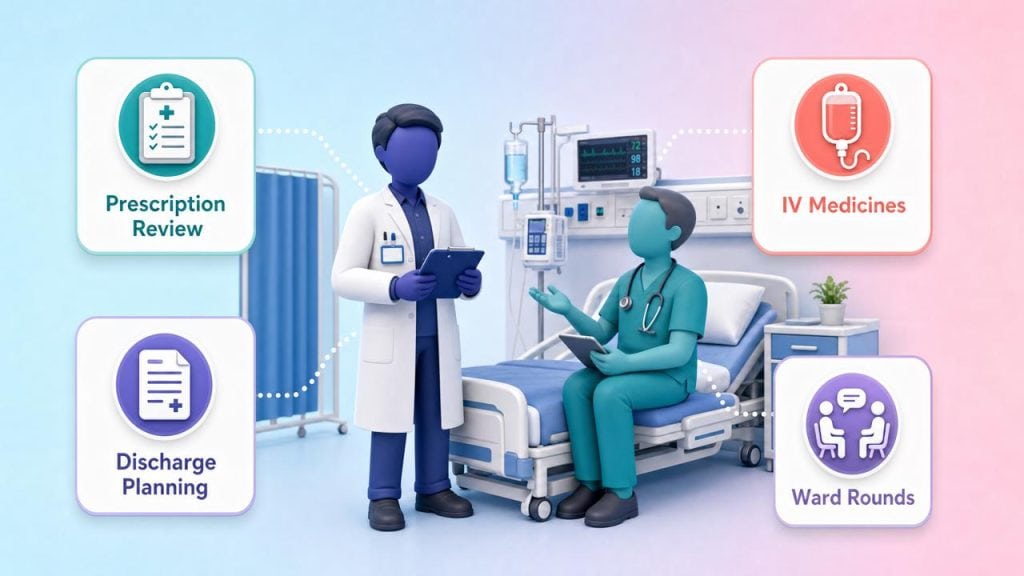 Infographic showing a hospital pharmacist on a UK ward round with icon cards for prescription review, IV medicines, discharge planning, and ward rounds