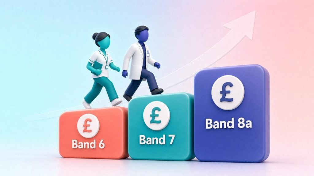 Infographic showing NHS Agenda for Change pay band progression from Band 6 to Band 8a for both clinical and hospital pharmacists in the UK