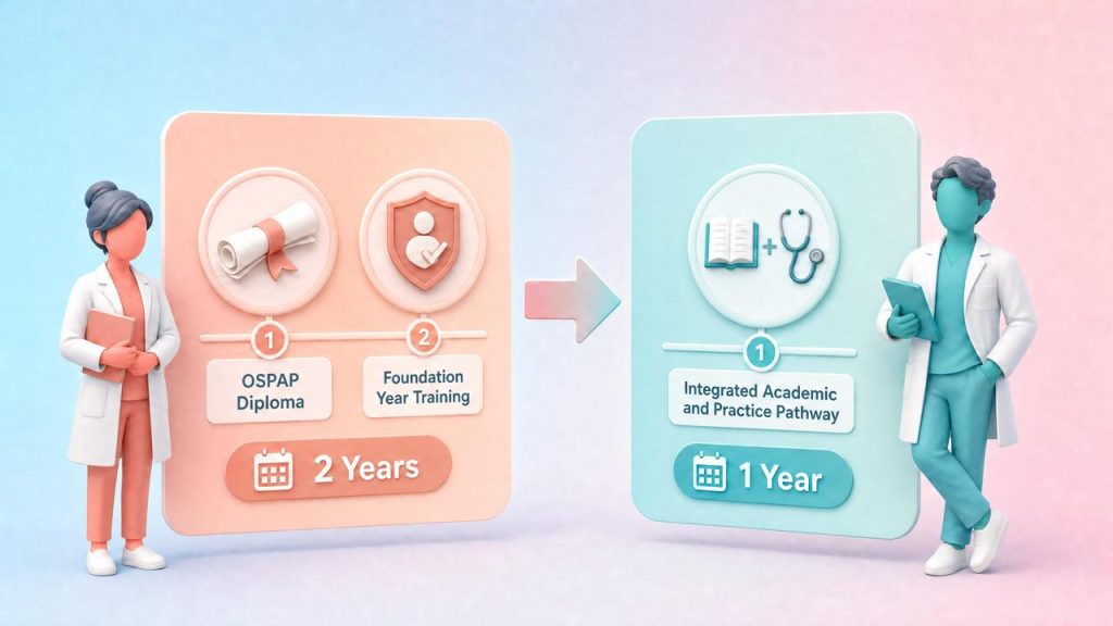 Side-by-side comparison of the current two-year OSPAP and foundation training route versus the proposed one-year integrated international pharmacist registration programme