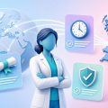 Illustration of a clinical pharmacist figure connected to a global network flowing into the NHS, representing international pharmacist registration UK and workforce strategy