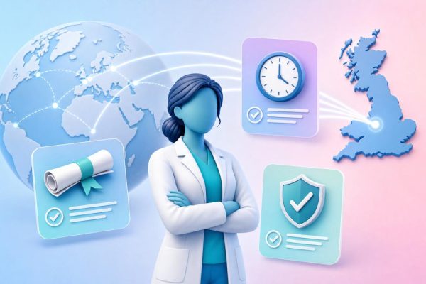 Illustration of a clinical pharmacist figure connected to a global network flowing into the NHS, representing international pharmacist registration UK and workforce strategy