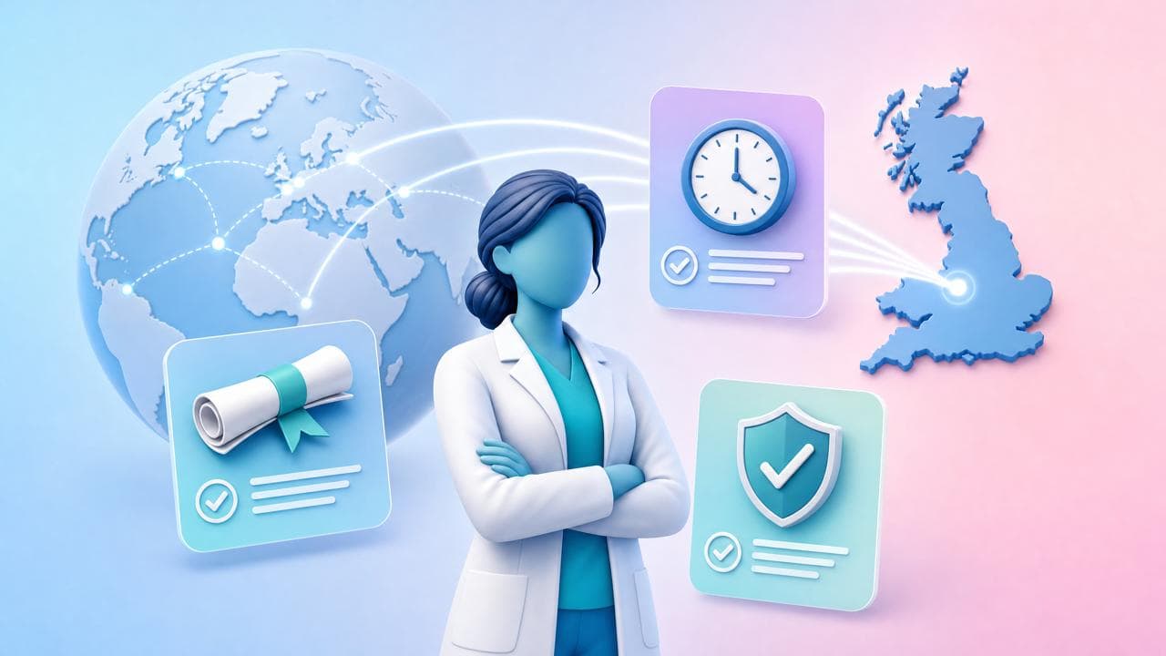Illustration of a clinical pharmacist figure connected to a global network flowing into the NHS, representing international pharmacist registration UK and workforce strategy