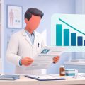 Clinical pharmacist managing prescription data in a GP practice consultation room.
