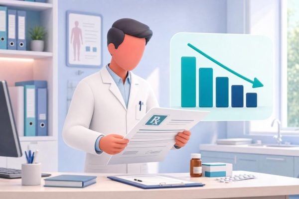 Clinical pharmacist managing prescription data in a GP practice consultation room.