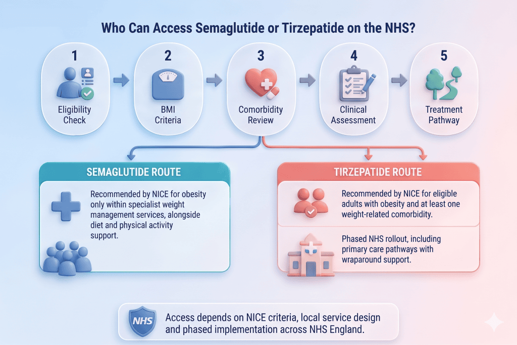 GP, Clinical Pharmacist and patient moving through an NHS weight-loss injection access pathway with eligibility and follow-up stages.