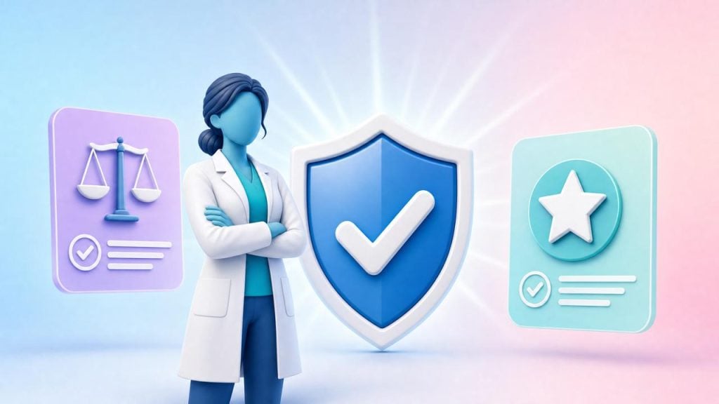 Clinical pharmacist figure standing beside a large shield with a tick, representing patient safety and consistent standards maintained in the proposed international pharmacist registration changes