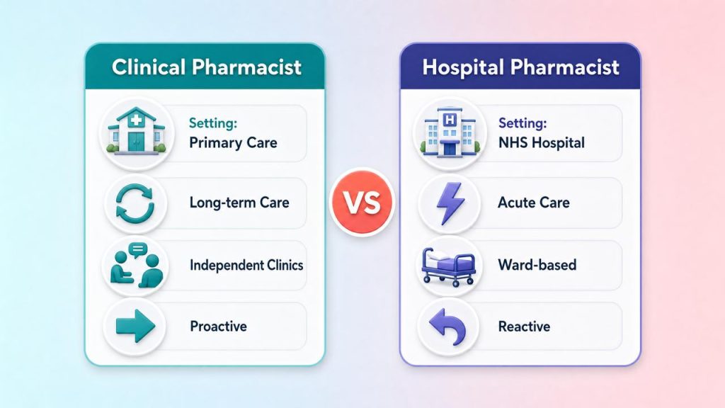 Split-panel comparison infographic contrasting a clinical pharmacist in primary care with a hospital pharmacist in secondary care across setting, care type, contact, and work style