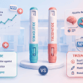 Balanced healthcare illustration comparing semaglutide and tirzepatide weight-loss injections on two clinical review cards.
