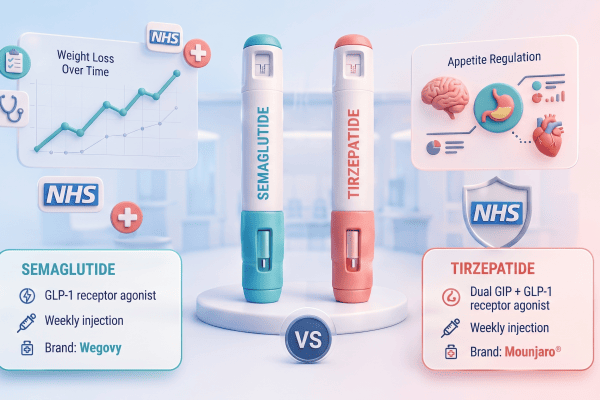 Balanced healthcare illustration comparing semaglutide and tirzepatide weight-loss injections on two clinical review cards.