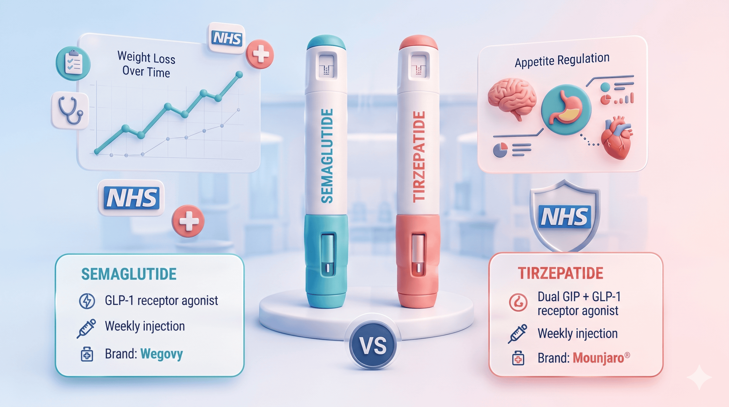 Balanced healthcare illustration comparing semaglutide and tirzepatide weight-loss injections on two clinical review cards.