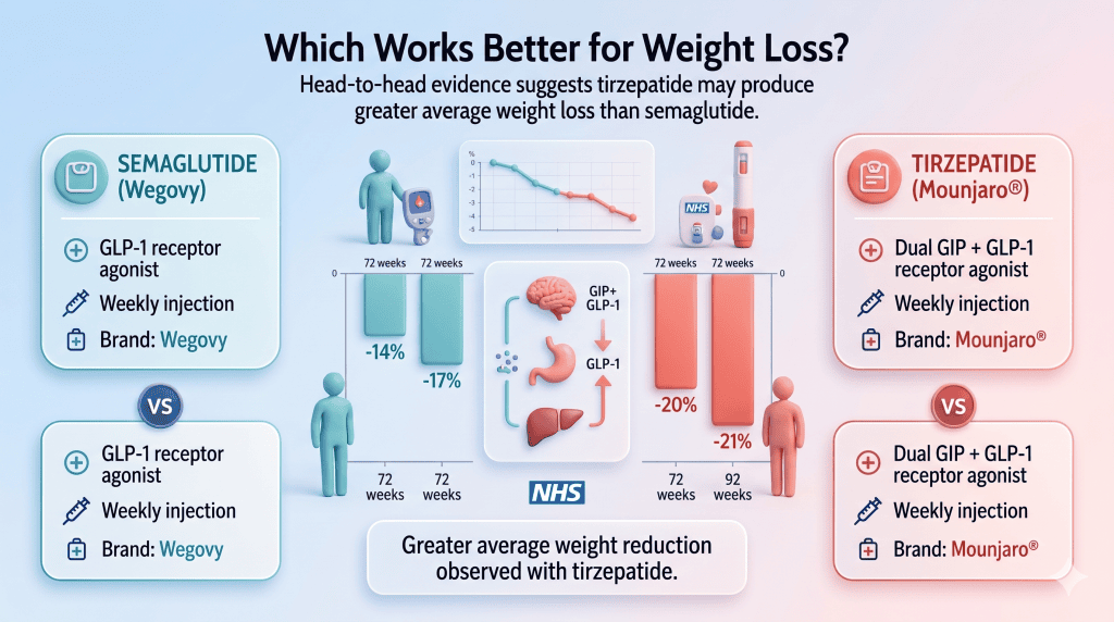 Comparison of tirzepatide and Wegovy for weight loss effectiveness.