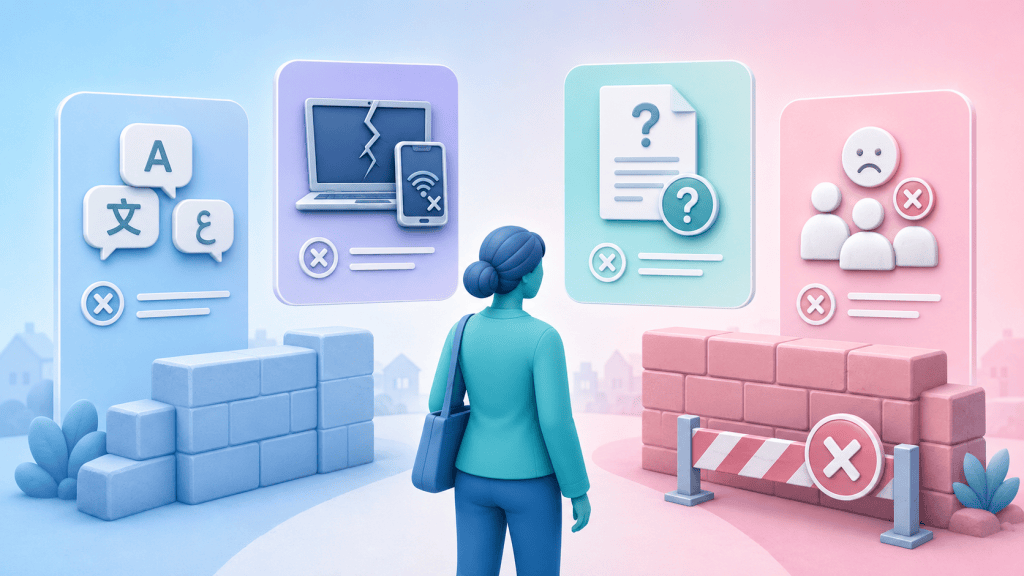 A figure facing obstacles like language barriers, digital exclusion, and low health literacy, illustrating reasons for lower cancer screening participation in deprived areas.